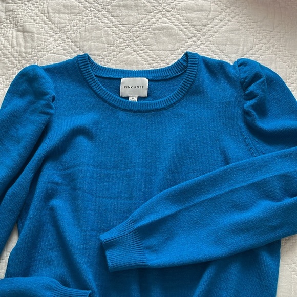 Pink Rose Puff Sleeve & Ribbed Hem Crew Neck Sweater Blue Sz M/L - Picture 10 of 13